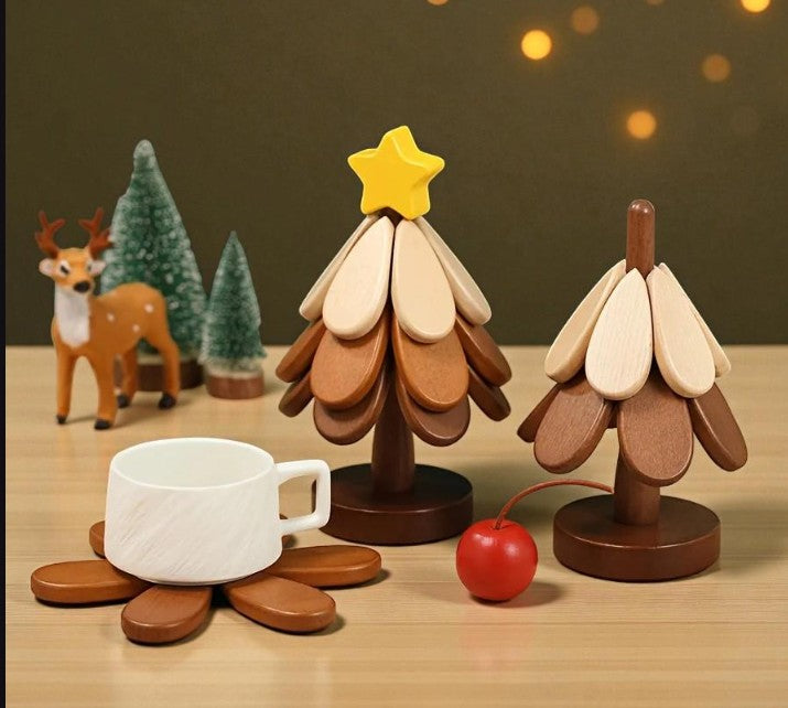 Christmas Tree Wooden Coaster Set