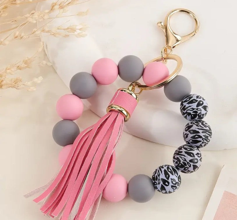 Flamingo Pink Beaded Wristlet Keychain